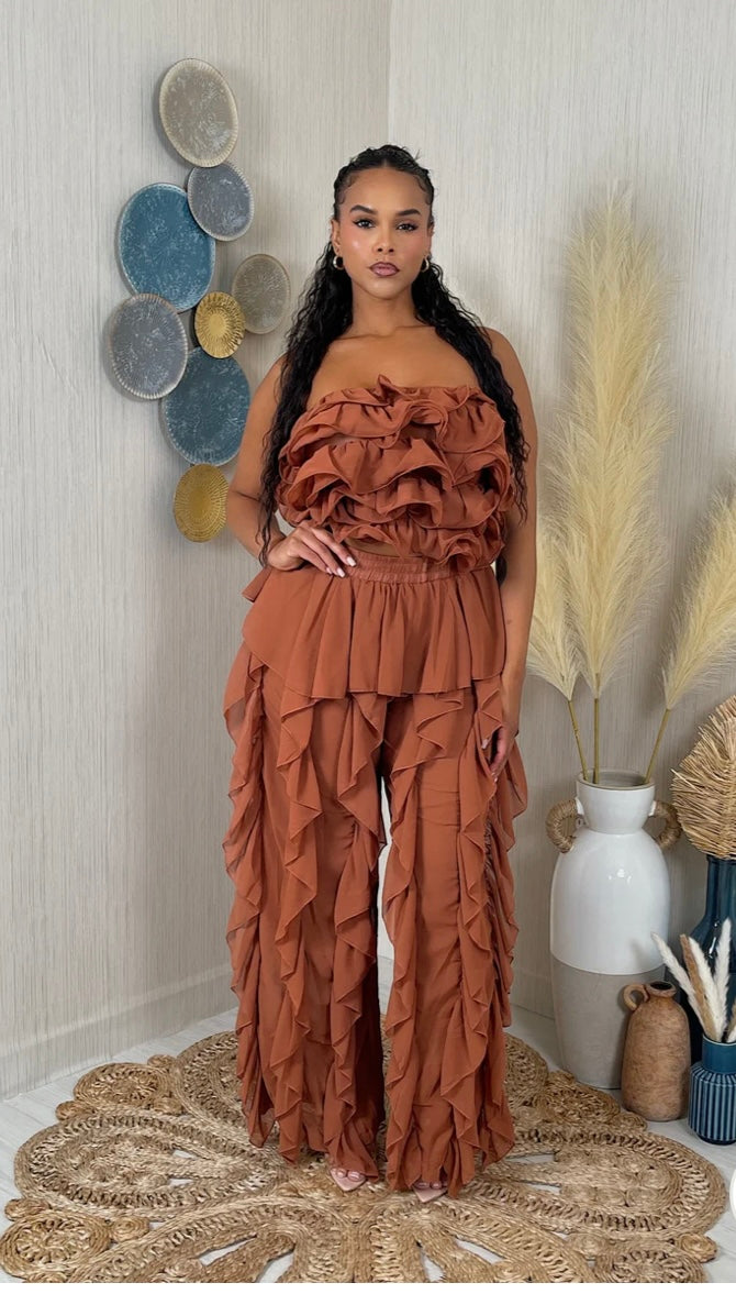 Brown 2Piece Ruffle Pants Set